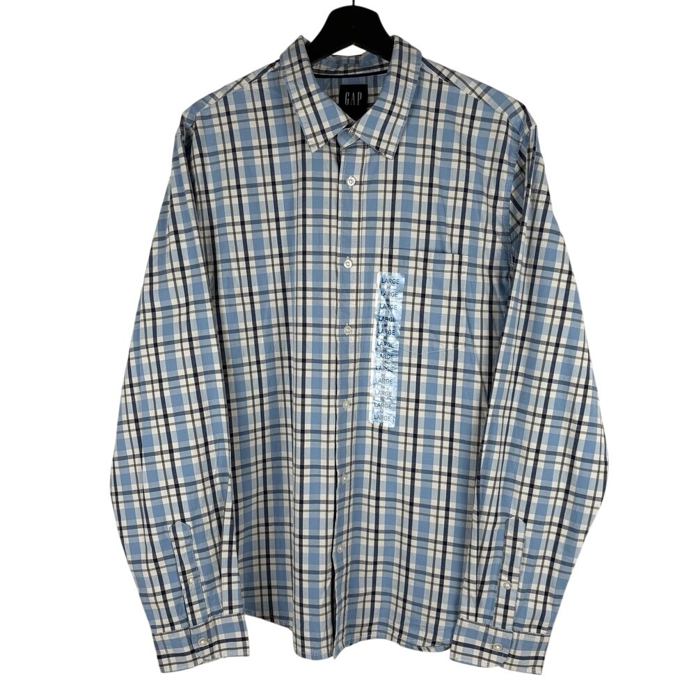 NWT GAP Shirt Men Large Poplin Blue Plaid Office Business Work Preppy Americana